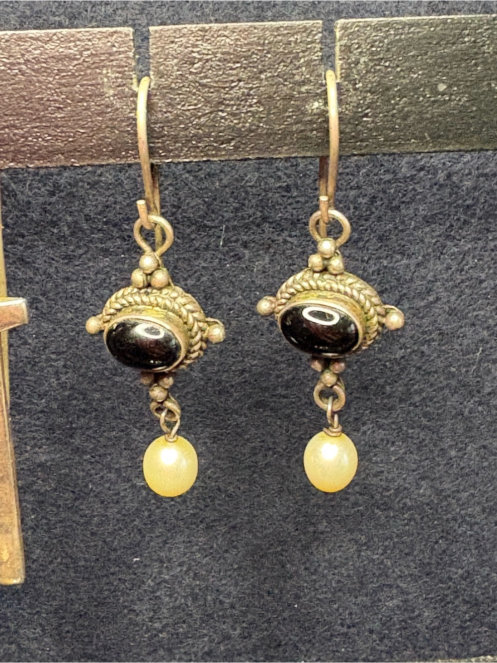 Vintage- 925 SS Drop Earrings with Black Onyx and Pearl.